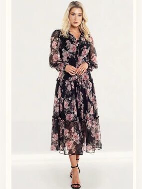 Bardot Floral Maxi Dress Black Pink Long Sleeve Tiered Romantic Size 8 NWT